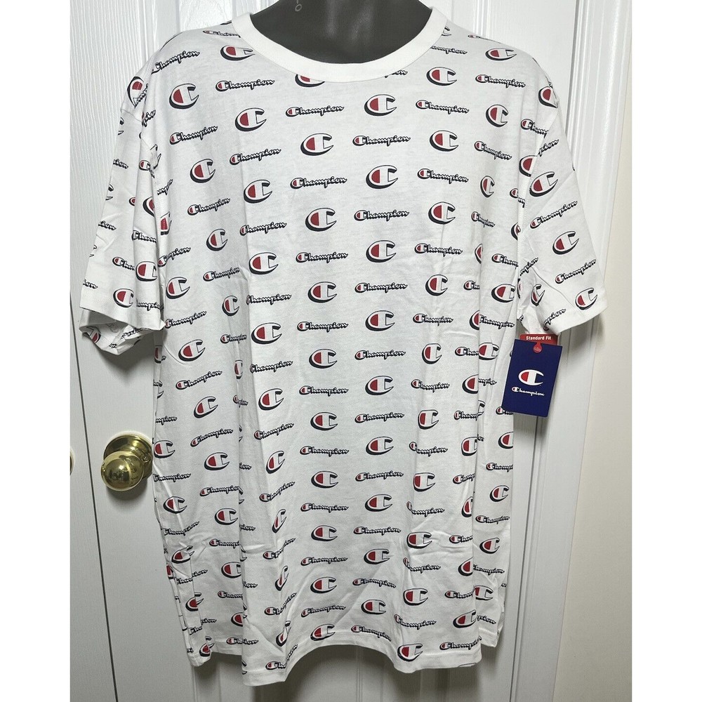 Champion Mens White Short Sleeve T-shirt All over Logo Mens XXL Standard Fit NWT